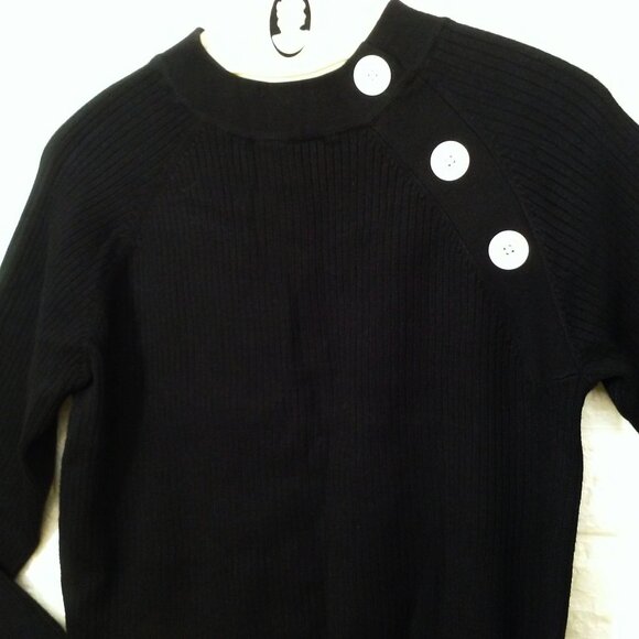 Vintage 80s dressbarn Ribbed Knit Sweater Lady-L Mockneck Faux-Buttons LSL Black - Picture 2 of 10